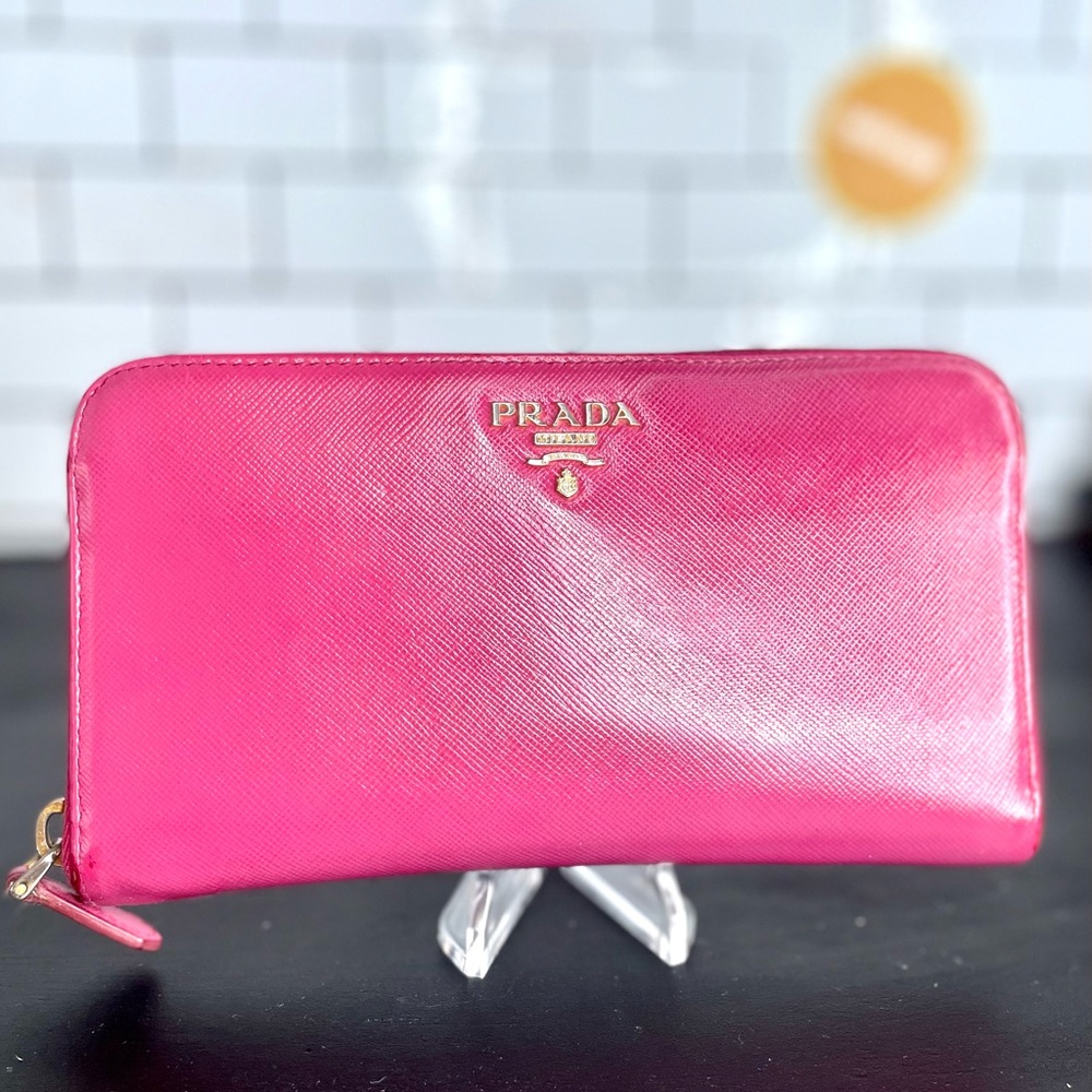 PRADA Hot Pink Saffiano Leather Zip Around Wallet 7.5 X 4